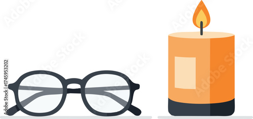 Still life with glasses and candle on white background simple design