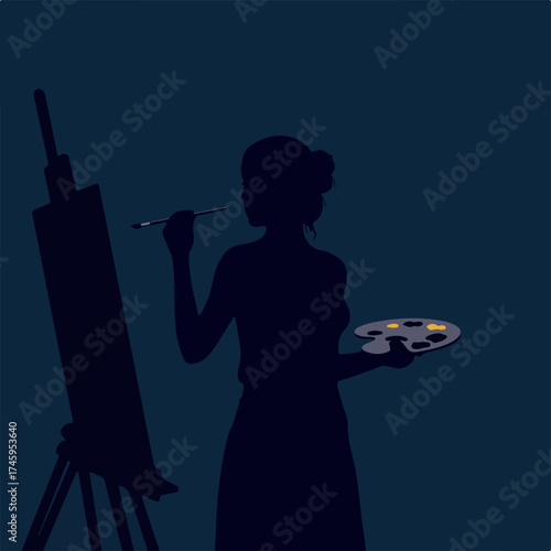 Silhouette of a female artist painting on a canvas with a palette and brush.
