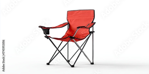 Red Folding Camping Chair with Armrests and Steel Frame on White Background