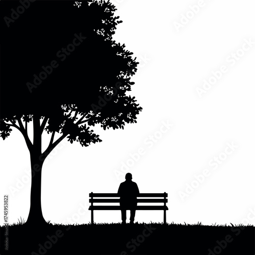 Silhouette of a lonely person sitting on a park bench.