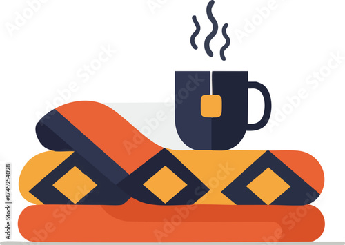 Stack of blankets and a cup of tea illustration, on white background.