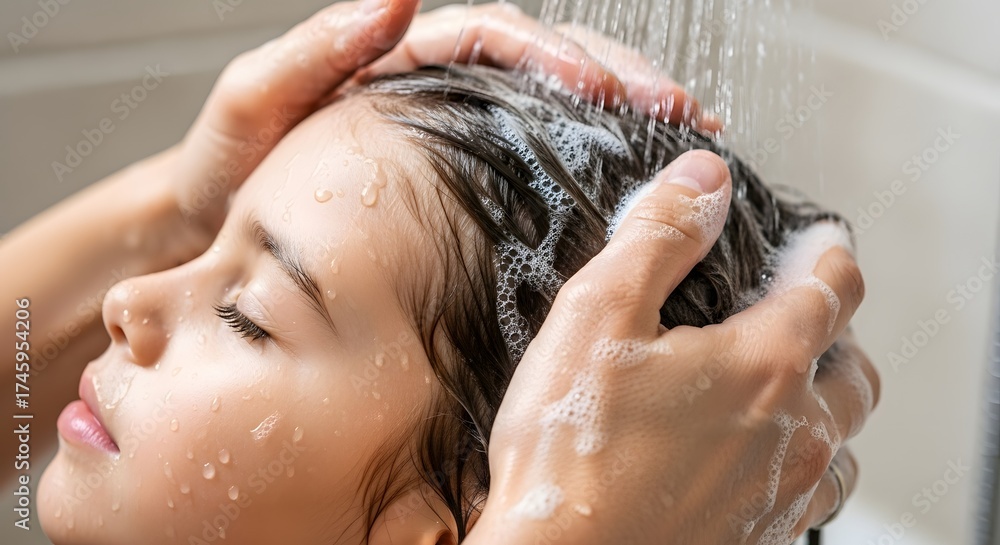 Naklejka premium A young girl enjoys a relaxing shampoo in the shower. 