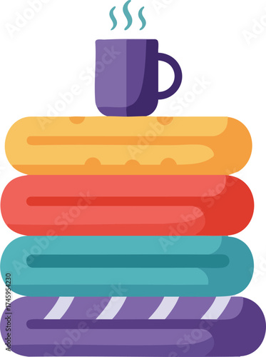 Stack of folded colorful towels and coffee cup illustration on white
