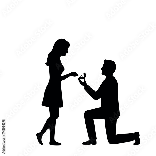 Silhouette of a man on one knee proposing to a woman.