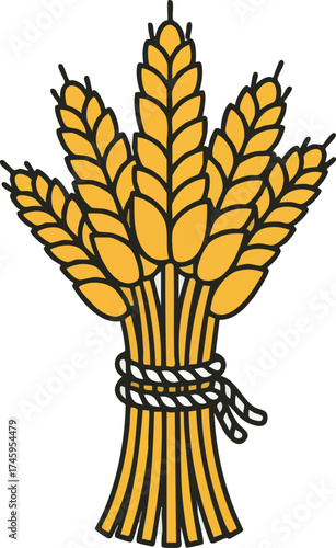 Illustration of golden wheat bundle tied with rope on a white background