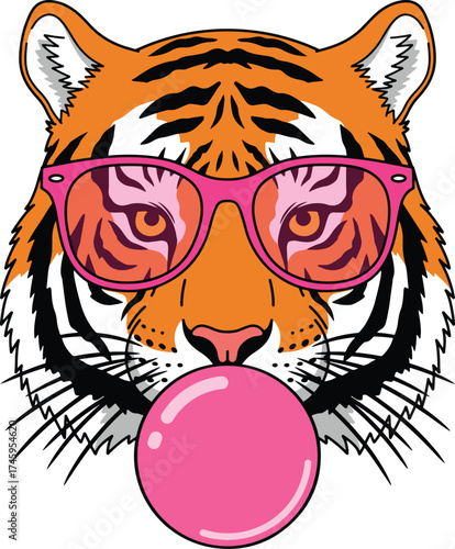 Cool Tiger with Sunglasses Blowing Bubble Gum
