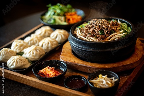 Traditional Korean Beef Noodle Soup with Dumplings and Side Dishes in Black Stone Pot
