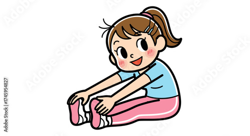 Happy Young Girl Doing a Seated Forward Bend Stretch. Child Exercising, Flexibility, Yoga Pose, and Active Lifestyle Concept.