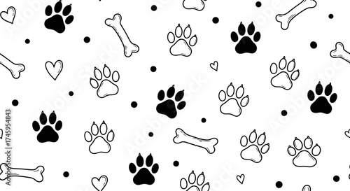 Pet Paw Print Seamless Pattern with Bones and Hearts, Cute Puppy Kitten Background