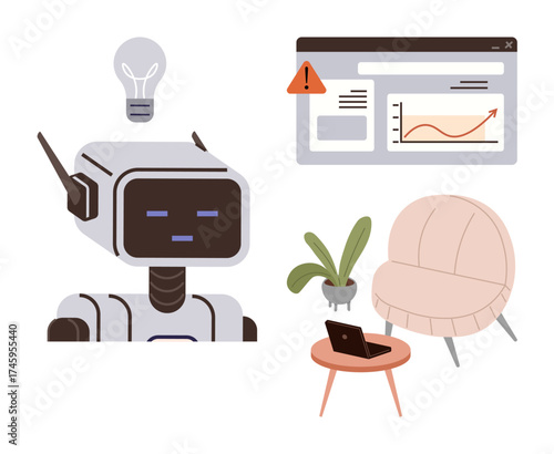 Robot with a futuristic look observes data screen with alert and growth chart. Cozy setting includes chair, table, laptop, and plant. Ideal for AI, innovation, workspace, technology growth