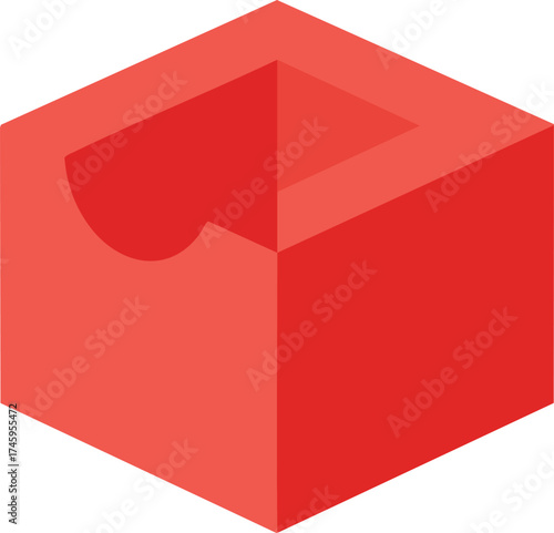 Geometric shape, a red cube with a concave area, on a white background.