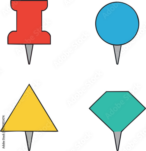 Set of geometric push pins in various colors and shapes vector