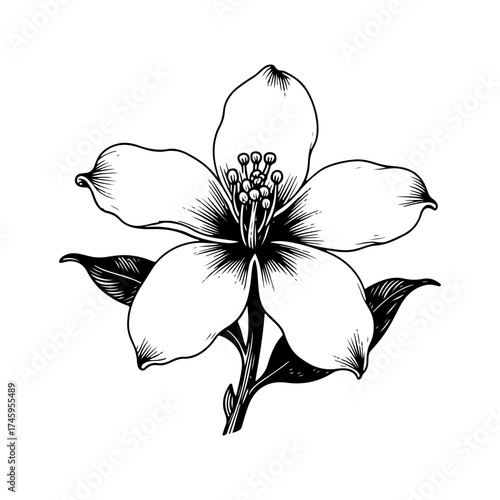 Detailed Pen and Ink Drawing of a Blooming Jasmine Flower