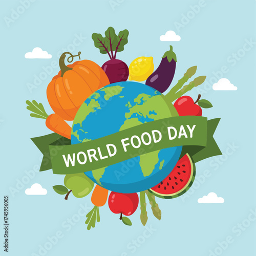 Illustration of the Earth surrounded by fresh fruits and vegetables, celebrating World Food Day.