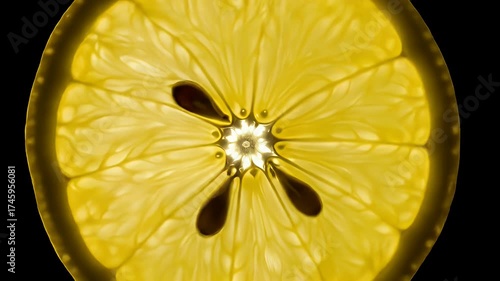 Translucent yellow citrus slice with dark seeds on black background.