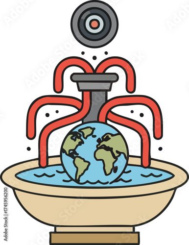 Stylized earth globe sitting in basin beneath pipes and pouring water