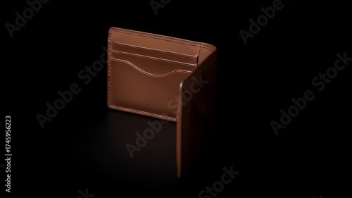 Opened brown leather wallet with card slots against a dark background.