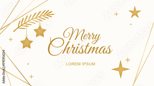 Golden Christmas stars hanging from pine branch with "Merry Christmas" lettering on white background. Geometric decorative lines and sparkles. Holiday greeting card template. Christmas celebration.