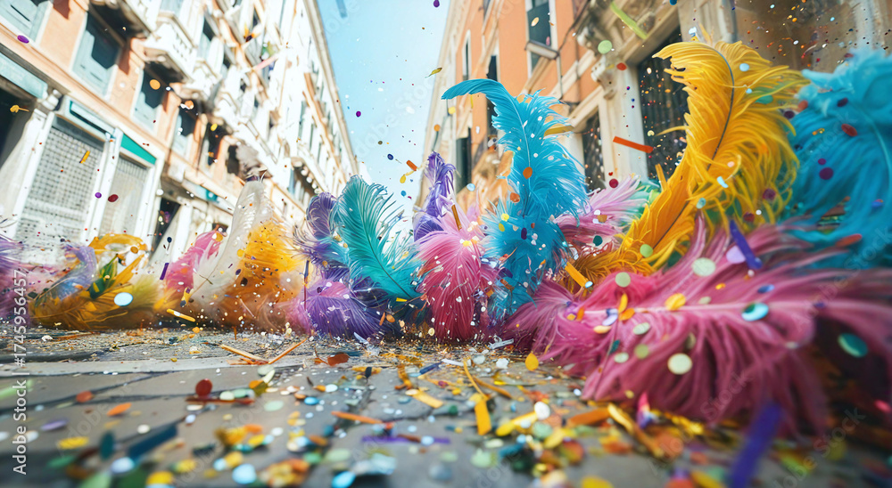 Fototapeta premium Carnival Splendor: A vibrant cascade of feather and confetti spills across a cobblestone street, evoking the exhilarating spirit of carnival 