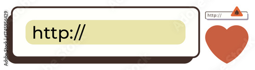 Address bar with http, warning triangle, and heart symbol for safety, privacy, and ethical browsing. Ideal for security, web design, love, trust warning ethics simple flat metaphor