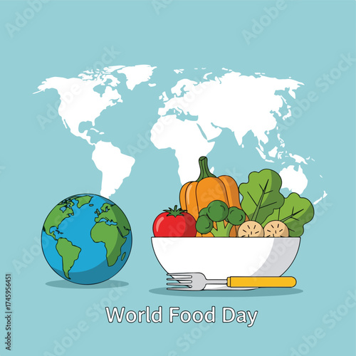Colorful vector graphic promoting global food security and sustainable healthy eating, featuring planet Earth and a bowl of fresh, nutritious produce against a world map backdrop