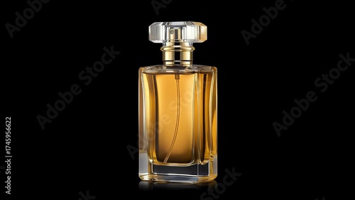 Elegant glass perfume bottle with golden liquid on a black background.