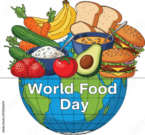 Vibrant illustration of various nutritious foods like fruits, vegetables, bread, and meals, overflowing from the Earth, symbolizing global sustenance, healthy eating, and universal food security