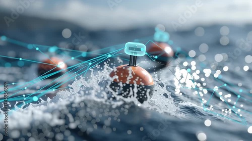 An array of buoys disturbed by waves in a body of water, showcasing splashes and a digital network overlay.