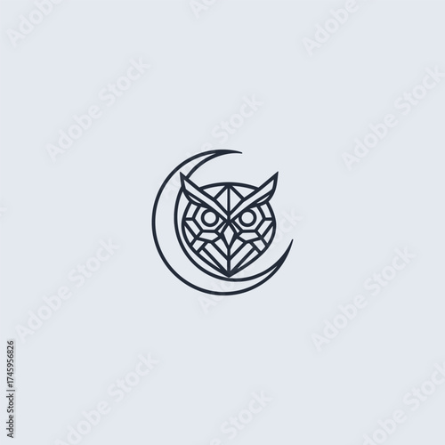 Owl and crescent moon line art night wisdom logo design.