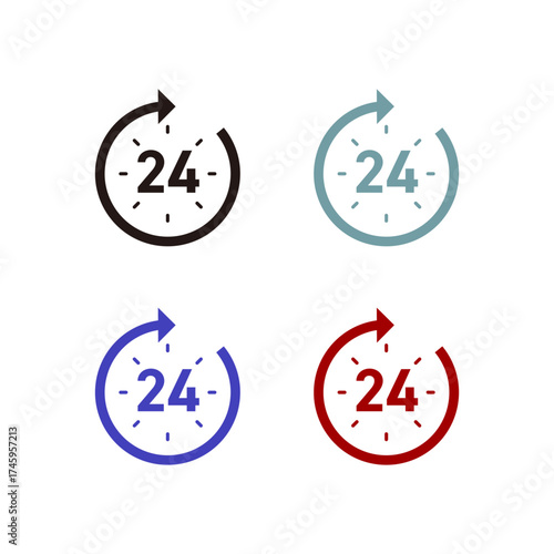 24時間対応アイコンセット（4色）｜24h Service Icons, 営業時間表示, サポート, 時計マーク, 時間表現, ビジネス用アイコン, ベクター素材