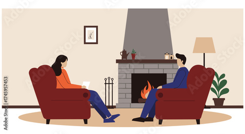 Couple by fireplace sitting in cozy armchairs for winter home comfort, relaxation and warm evening atmosphere