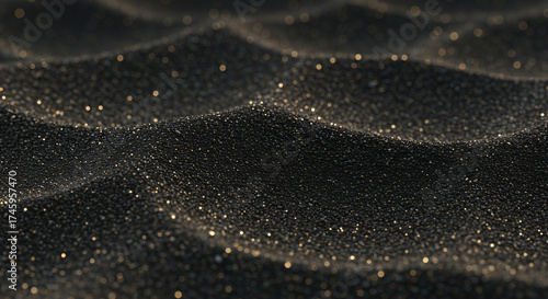 Black glitter sand texture macro with golden bokeh lights for luxury background and abstract design