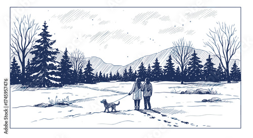 Couple walking a dog in snow forest landscape for winter holiday, love and outdoor activity concept