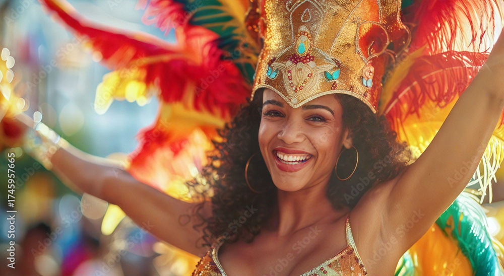 Fototapeta premium Radiant Samba Dancer: A vibrant, smiling woman embodies the spirit of a lively festival, adorned in a dazzling costume, her arms outstretched in a gesture of pure joy.