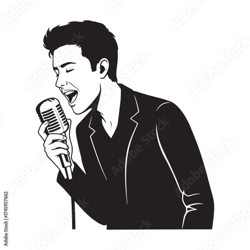 Young Man Singing into Vintage Microphone singer male