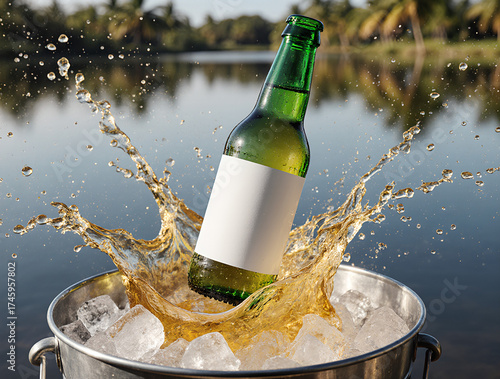 A green cider bottle with a blank label splashing in an ice bucket by a lake, ideal for product mockups and advertising.