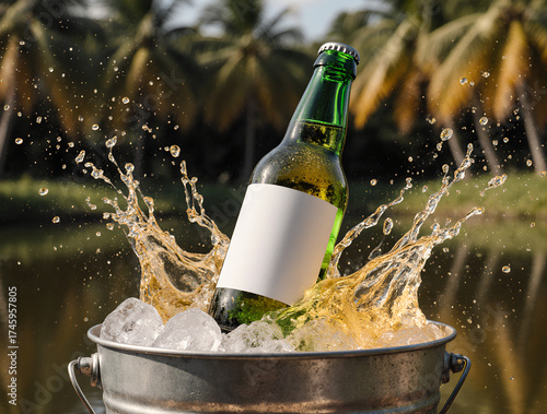 A green cider bottle with a blank label splashing in an ice bucket by a lake, ideal for product mockups and advertising.
