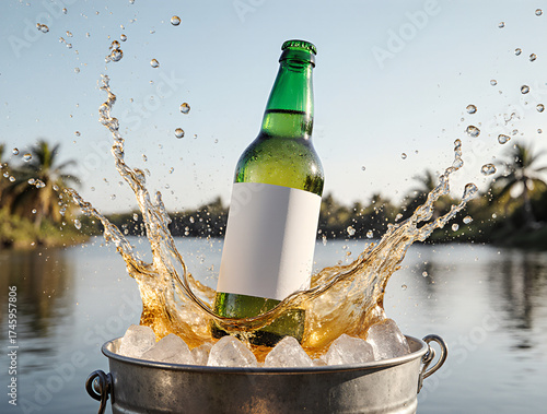 A green cider bottle with a blank label splashing in an ice bucket by a lake, ideal for product mockups and advertising.