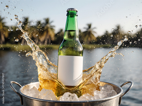 A green cider bottle with a blank label splashing in an ice bucket by a lake, ideal for product mockups and advertising.