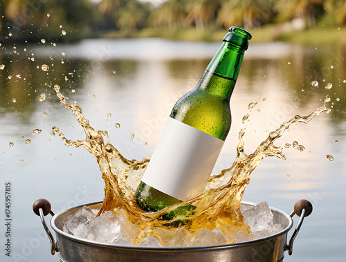A green cider bottle with a blank label splashing in an ice bucket by a lake, ideal for product mockups and advertising.