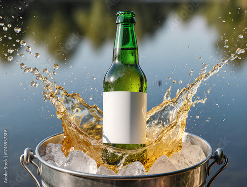 A green cider bottle with a blank label splashing in an ice bucket by a lake, ideal for product mockups and advertising.