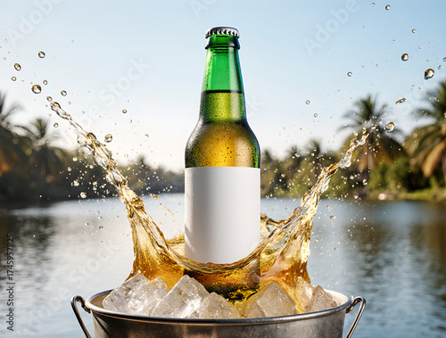 A green cider bottle with a blank label splashing in an ice bucket by a lake, ideal for product mockups and advertising.