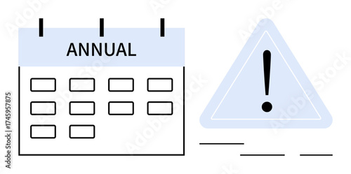 Annual calendar grid alongside exclamation mark in warning triangle signifies urgency, schedules, or critical deadlines. Ideal for planning, reminders, priorities, accountability, events, management