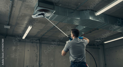 Professional worker cleaning industrial air duct system with specialized equipment for ventilation maintenance and improved air quality