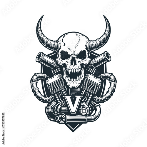 Emblem of a monstrous demonic skull fused with a roaring motorcycle engine. Black and White Icon Vector and Illustration