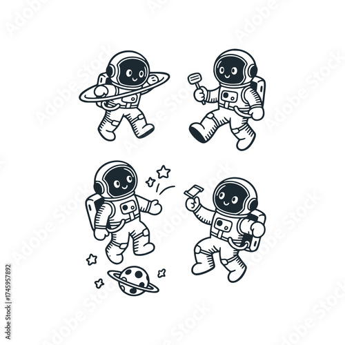 Cute astronauts fun activity set. Black and White Icon Vector and Illustration