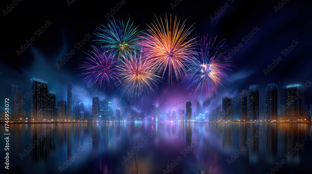 Fototapeta premium Colorful Skyline with Glowing Lights and Fireworks Display Reflecting on Water at Night with Thousands of Vibrant Colors in a Stunning Urban Scene