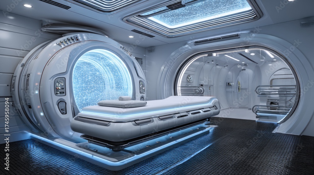 Obraz premium Aging therapy chamber with rejuvenating light beams and futuristic design
