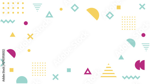 カラフルな幾何学模様のフレーム背景｜Geometric Pattern Frame Background, 抽象デザイン, ポップ, カラフル, 余白あり, 白背景, バナー用素材