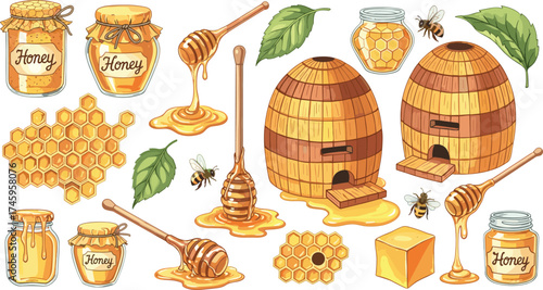 Collection of natural honey and beekeeping illustrations. Features sweet golden liquid in jars, dippers, honeycomb, rustic beehives, and buzzing bees